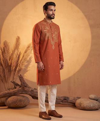 Mens orange silk blend solid emboidered straight kurta with trouser 4