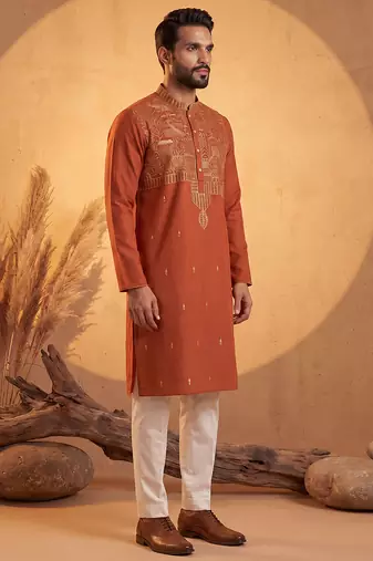 Mens orange silk blend solid emboidered straight kurta with trouser