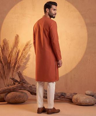 Mens orange silk blend solid emboidered straight kurta with trouser 5