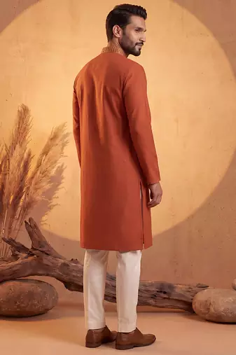 Mens orange silk blend solid emboidered straight kurta with trouser