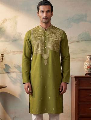 Mens green silk blend solid emboidered straight kurta with trouser 1