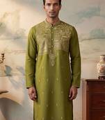 Mens green silk blend solid emboidered straight kurta with trouser