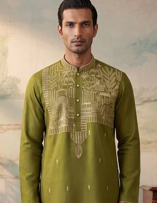 Mens green silk blend solid emboidered straight kurta with trouser 2