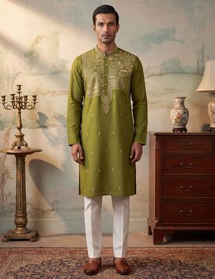 Mens green silk blend solid emboidered straight kurta with trouser 3