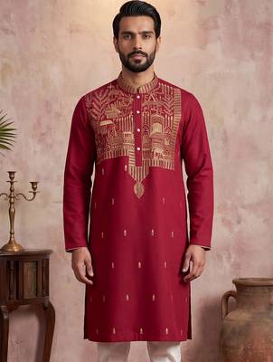 Mens red silk blend solid emboidered straight kurta with trouser 1