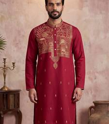 Mens red silk blend solid emboidered straight kurta with trouser