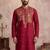 Mens red silk blend solid emboidered straight kurta with trouser