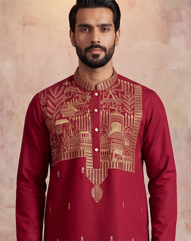 Mens red silk blend solid emboidered straight kurta with trouser