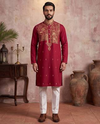 Mens red silk blend solid emboidered straight kurta with trouser 3