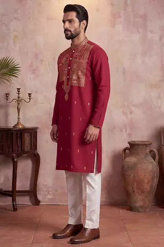 Mens red silk blend solid emboidered straight kurta with trouser