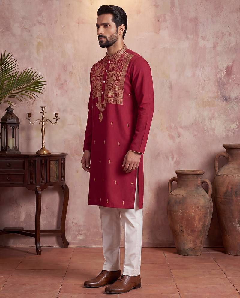 Mens red silk blend solid emboidered straight kurta with trouser