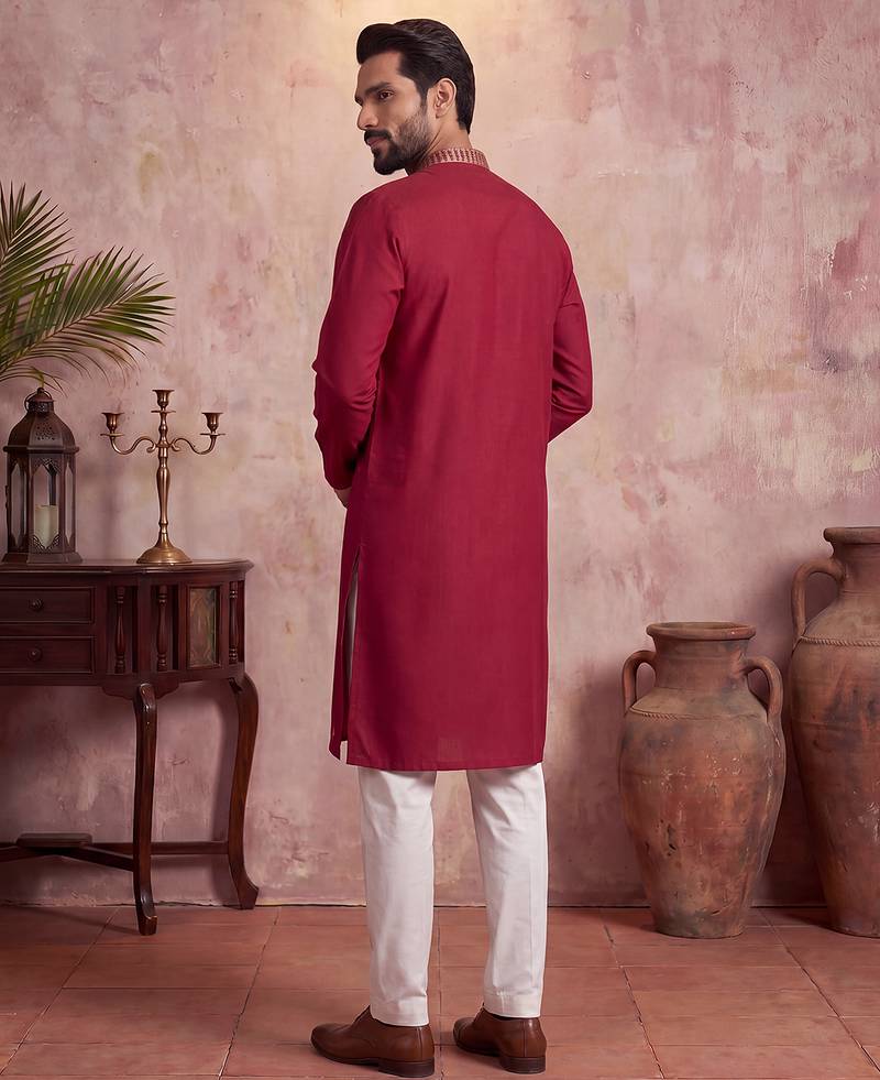 Mens red silk blend solid emboidered straight kurta with trouser