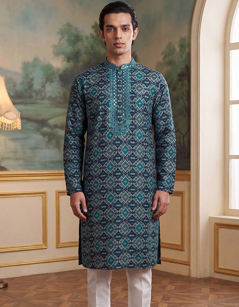 Mens sea green silk blend ethnic motifs ikat printed kurta with trouser