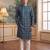 Mens sea green silk blend ethnic motifs ikat printed kurta with trouser