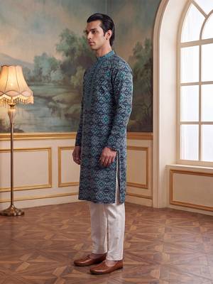 Mens sea green silk blend ethnic motifs ikat printed kurta with trouser 5