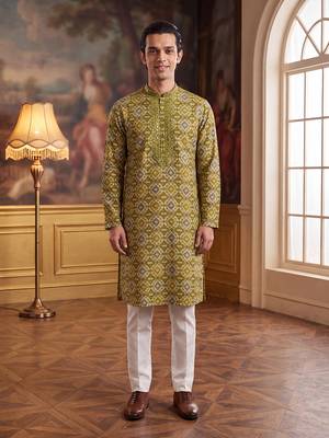 Mens green silk blend ethnic motifs ikat printed kurta with trouser 1