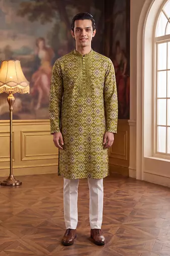 Mens green silk blend ethnic motifs ikat printed kurta with trouser