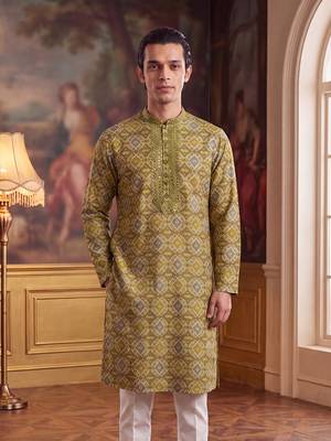 Mens green silk blend ethnic motifs ikat printed kurta with trouser 2