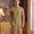 Mens green silk blend ethnic motifs ikat printed kurta with trouser