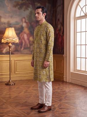 Mens green silk blend ethnic motifs ikat printed kurta with trouser 3