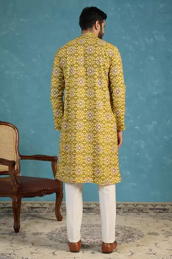 Mens green silk blend ethnic motifs ikat printed kurta with trouser