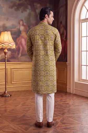 Mens green silk blend ethnic motifs ikat printed kurta with trouser