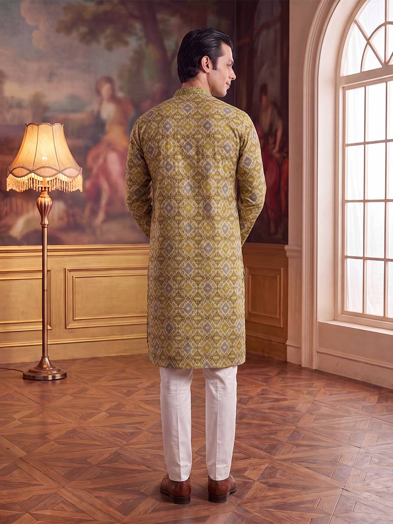 Mens green silk blend ethnic motifs ikat printed kurta with trouser