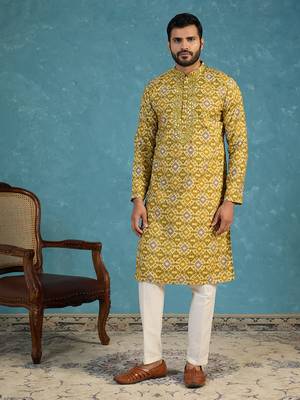 Mens green silk blend ethnic motifs ikat printed kurta with trouser 5