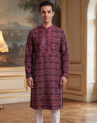 Mens purple silk blend ethnic motifs ikat printed kurta with trouser 1