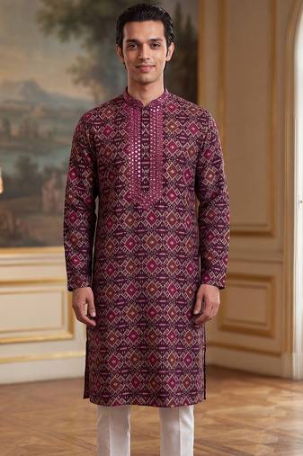 Mens purple silk blend ethnic motifs ikat printed kurta with trouser