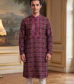 Mens purple silk blend ethnic motifs ikat printed kurta with trouser
