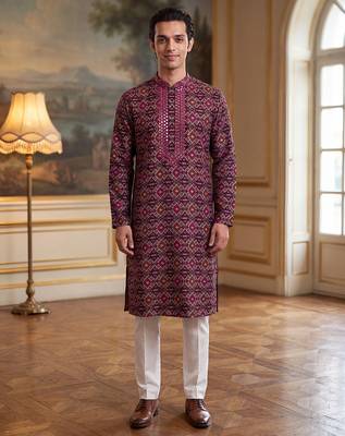 Mens purple silk blend ethnic motifs ikat printed kurta with trouser 2
