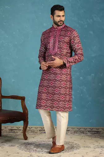 Mens purple silk blend ethnic motifs ikat printed kurta with trouser
