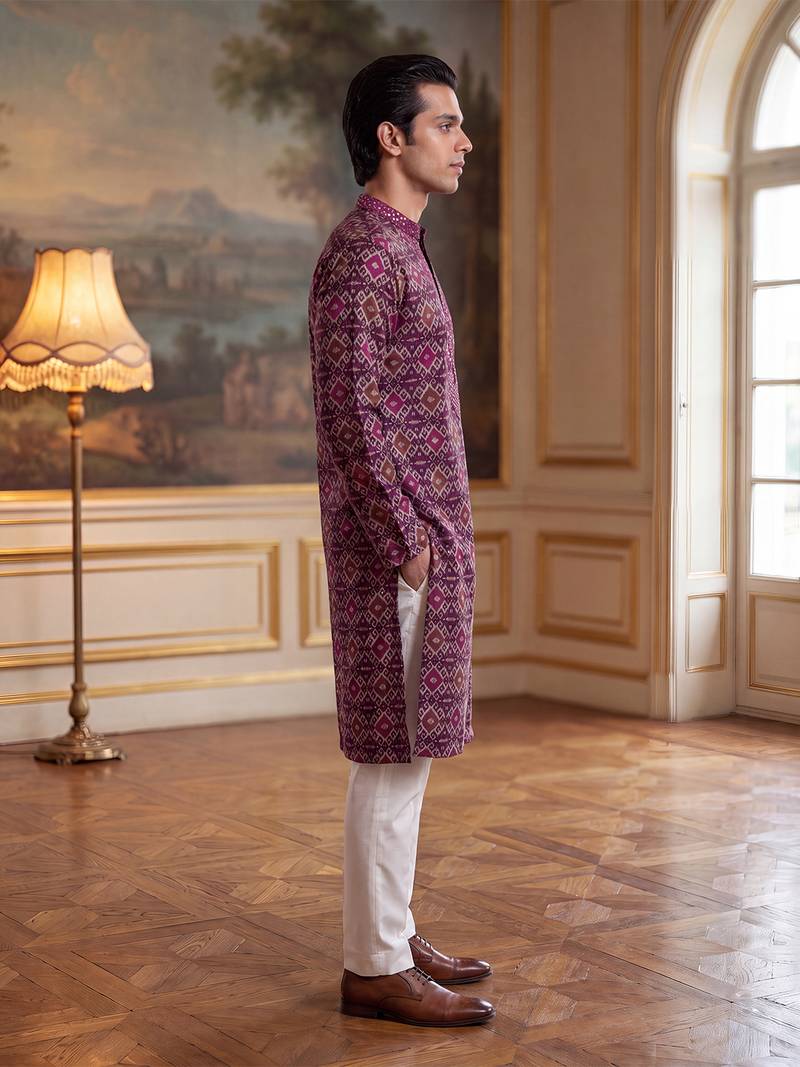 Mens purple silk blend ethnic motifs ikat printed kurta with trouser
