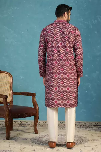 Mens purple silk blend ethnic motifs ikat printed kurta with trouser