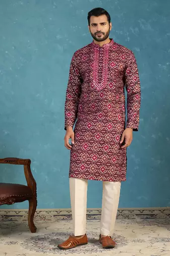 Mens purple silk blend ethnic motifs ikat printed kurta with trouser