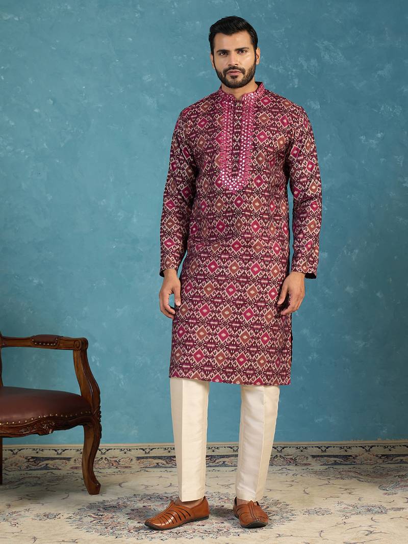 Mens purple silk blend ethnic motifs ikat printed kurta with trouser