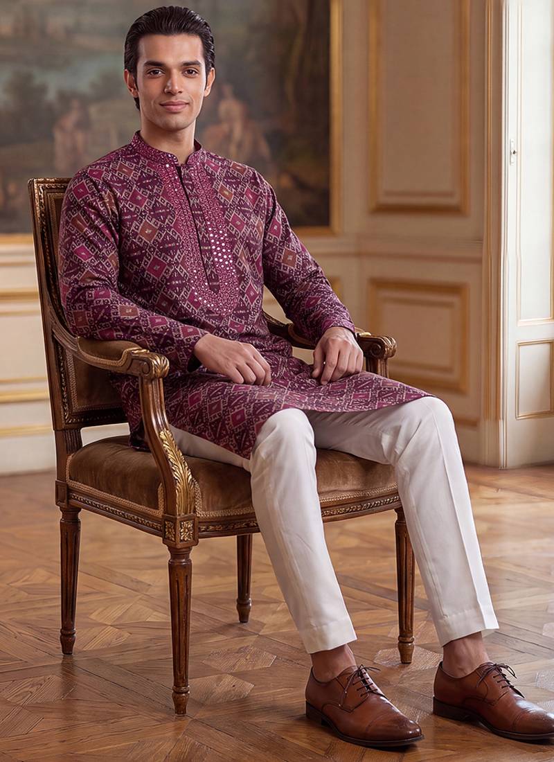 Mens purple silk blend ethnic motifs ikat printed kurta with trouser