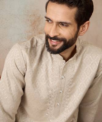 Mens peach linen blend geometric woven design kurta with trouser 2