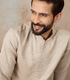 Mens peach linen blend geometric woven design kurta with trouser