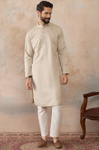 Mens peach linen blend geometric woven design kurta with trouser