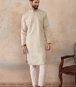 Mens peach linen blend geometric woven design kurta with trouser