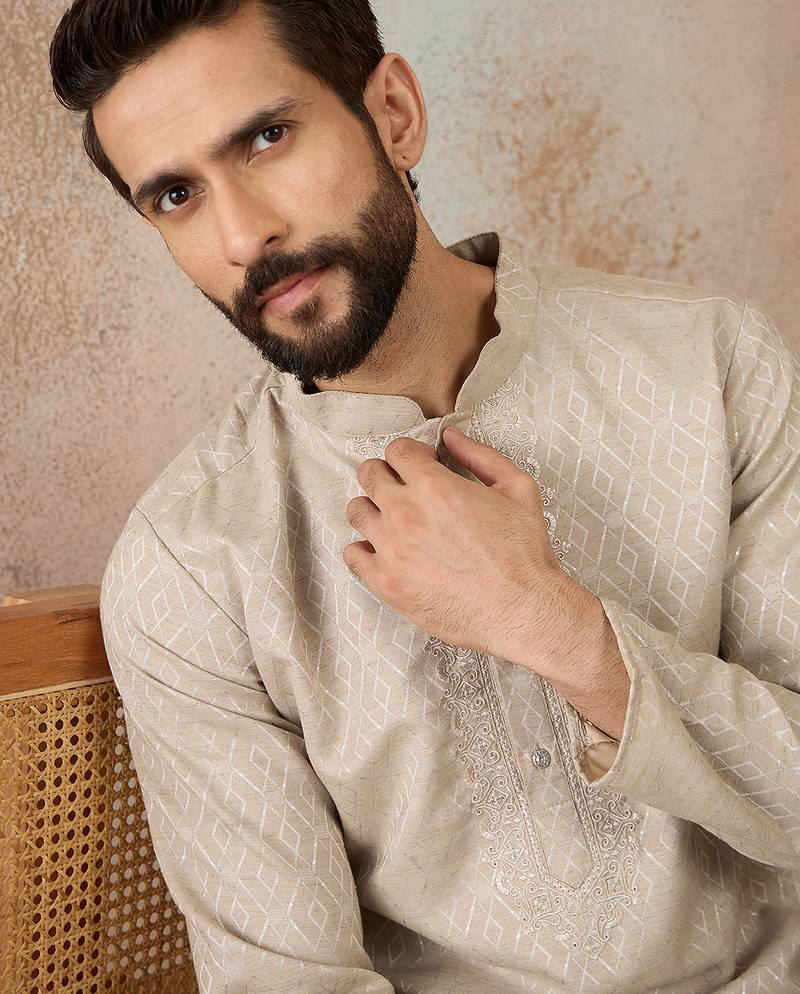Mens peach linen blend geometric woven design kurta with trouser
