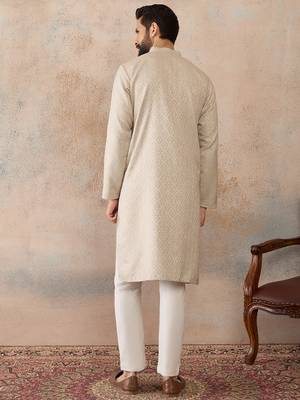 Mens peach linen blend geometric woven design kurta with trouser 4