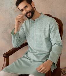 Mens green linen blend geometric woven design kurta with trouser