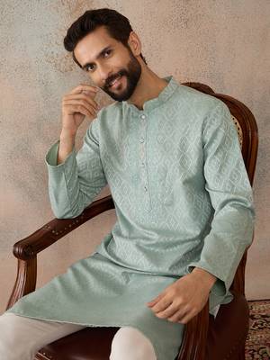 Mens green linen blend geometric woven design kurta with trouser 2