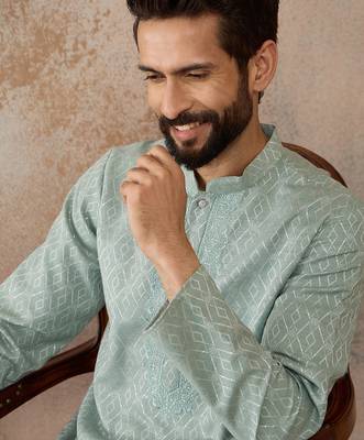 Mens green linen blend geometric woven design kurta with trouser 2