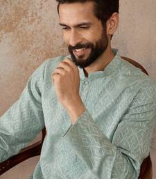 Mens green linen blend geometric woven design kurta with trouser