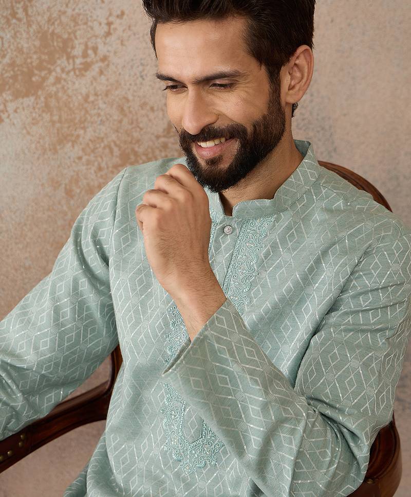 Mens green linen blend geometric woven design kurta with trouser