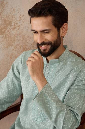 Mens green linen blend geometric woven design kurta with trouser